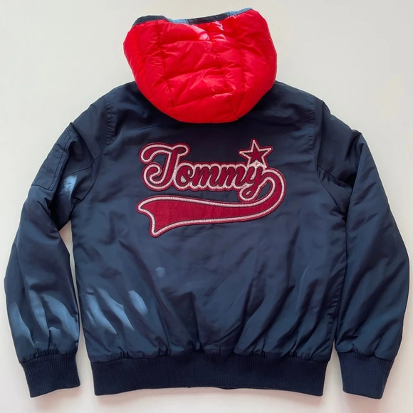 TOMMY HILFIGER Logo-Embroidered Quilted Navy Red Bomber Jacket Down Lining Small - Picture 11 of 16